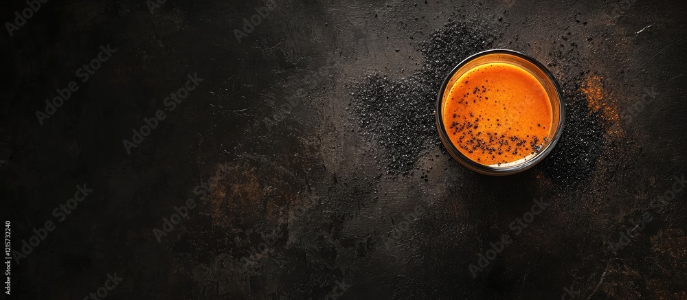 Poster carrot juice blended with activated charcoal in a glass on dark textured background with empty space