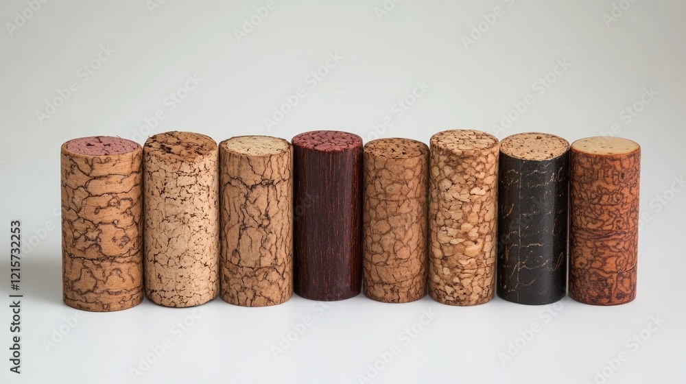 Poster collection of assorted wine corks showcasing various vintage styles and textures arranged neatly on 