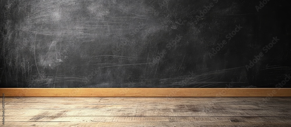 Poster chalkboard background with textured black surface and wooden base on a rustic floor providing ample 