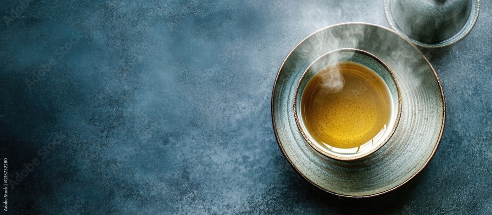 Poster zen tea ceremony with glass teacup and steaming mug high angle view creating a serene atmosphere sui