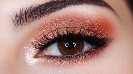 Obraz premium Elegant close-up of a healthy brown eye showcasing stunning wedding makeup with sparkling eyelids and long lashes evoking romantic emotions