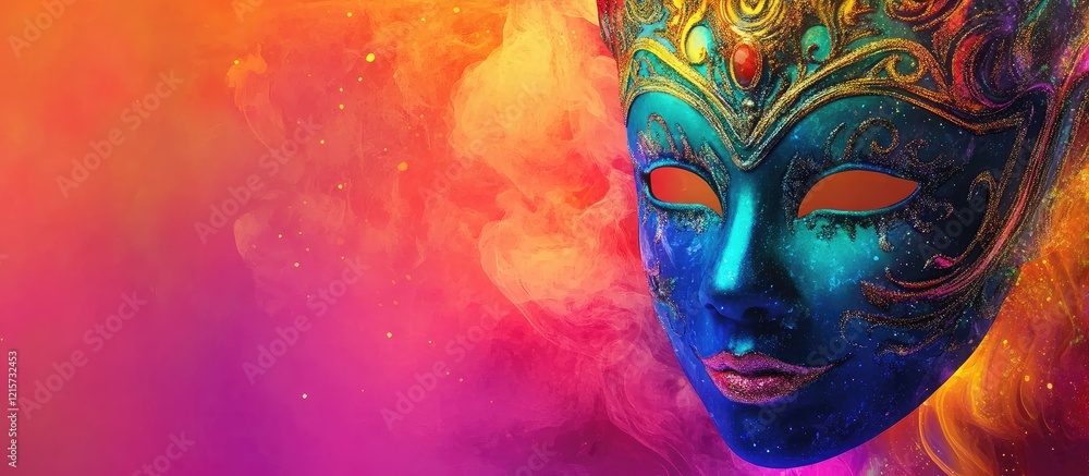 Poster Vibrantly Colored Carnival Mask Against a Multicolored Abstract Background with Empty Space for Text
