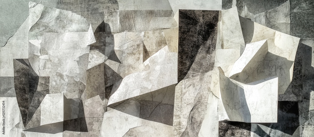 Aufkleber monochromatic abstract mixed media artwork featuring textured paper collage cutouts and intricate sh