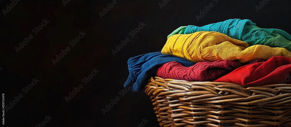Aufkleber colorful folded laundry in a woven basket on a dark background with ample empty space for text and p