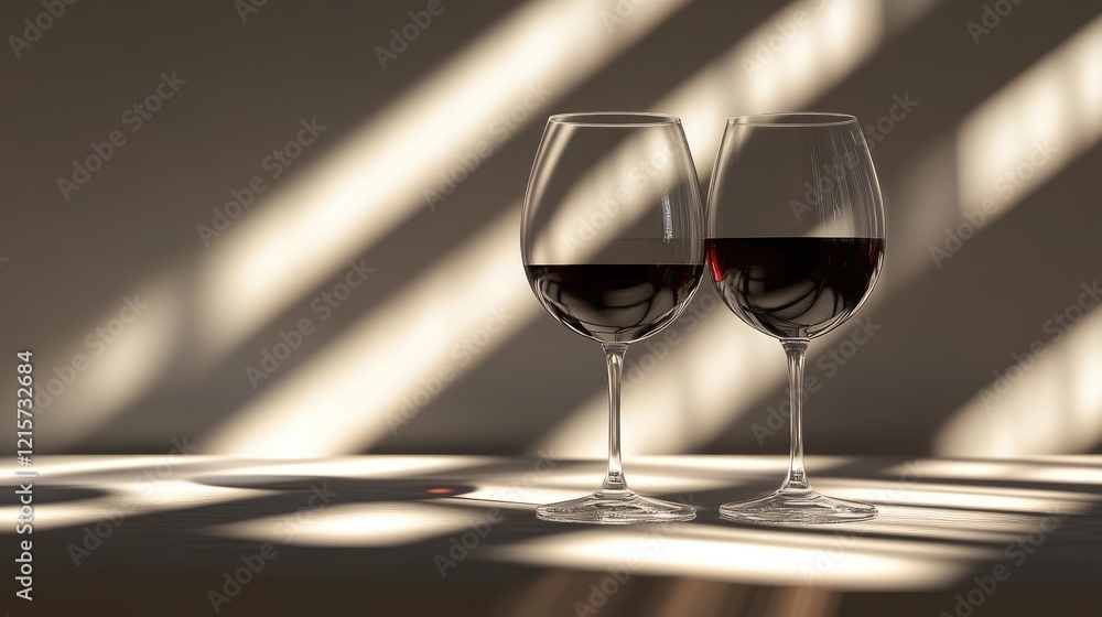 Poster elegant wine glasses casting shadows with soft light stripes in the background creating a sophistica