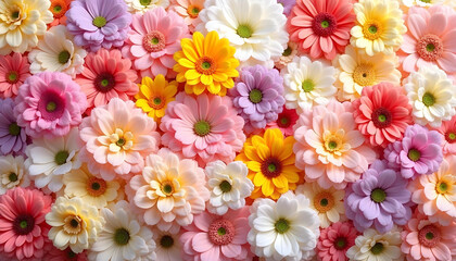 A dynamic floral wall filled with blooming chrysanthemums, daisies, and other wildflowers, bursting with radiant colors and natural beauty.