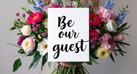 be our guest lettering on plain white card on bouquet of flowers background