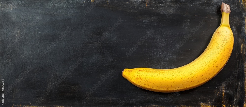 Poster vibrant yellow banana lying on black chalkboard with ample blank space for custom text addition