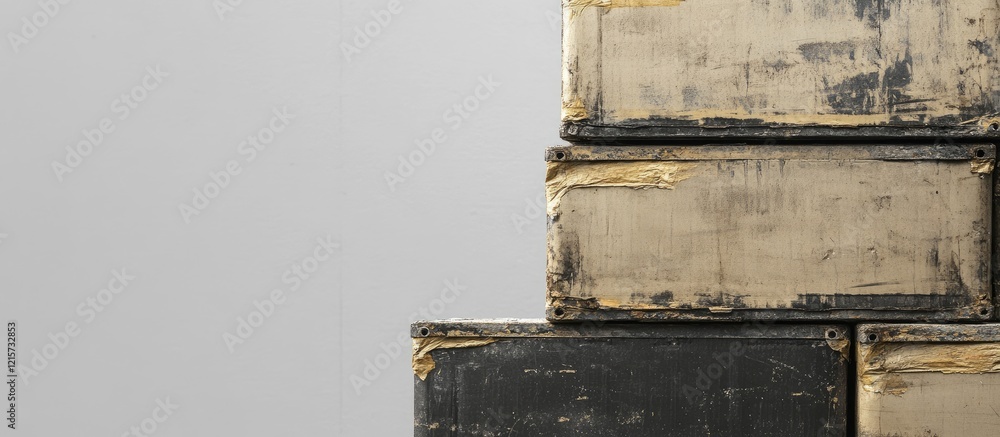 Poster stacked vintage carton containers with tattered edges and empty copy space for custom text backgroun