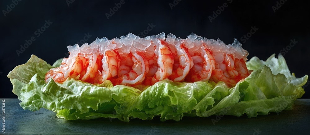 Poster cambar shrimp elegantly arranged on fresh iceberg lettuce with dark background, providing ample empt