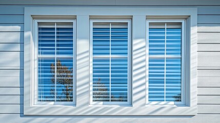 Bright white wall featuring three rectangular windows with horizontal blinds, showcasing a blue sky reflection and soft shadows in the sunlit exterior.