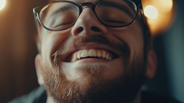 Happy man enjoying a moment of joy indoors with glasses showcasing emotional relief and a carefree expression against a soft backdrop