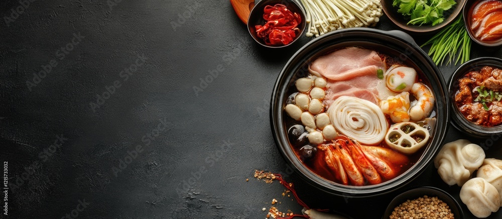 Poster traditional soup bowl with assorted ingredients on dark table showcasing culinary art with empty spa