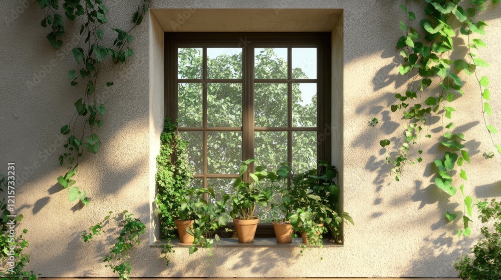 Aufkleber harmonious window view adorned with lush greenery and potted plants creating a serene indoor atmosph