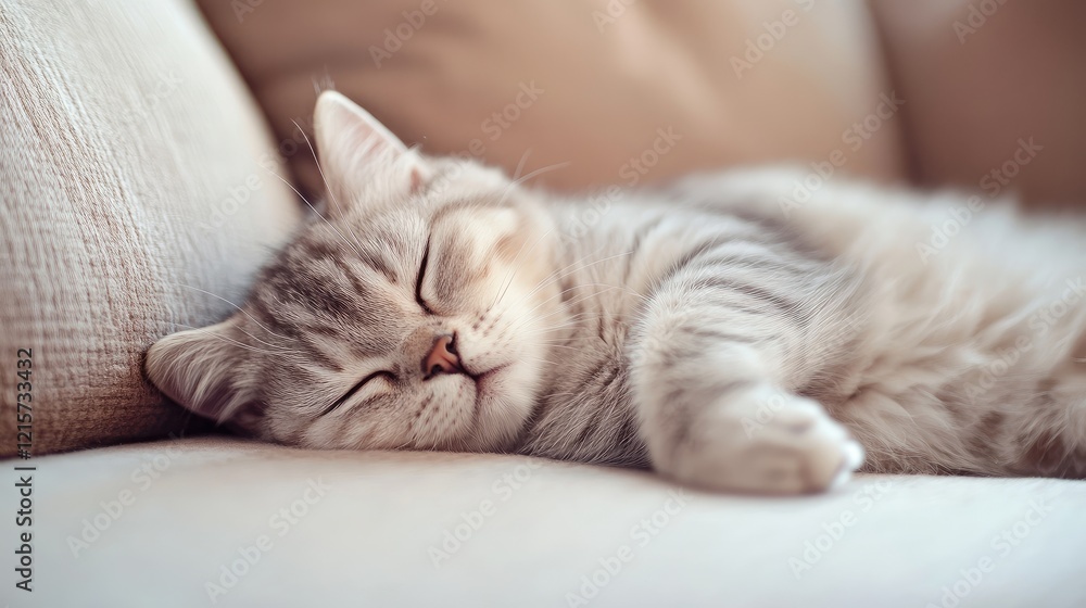 Poster close up of a sleeping fluffy scottish fold kitten resting peacefully on a cozy sofa with a soft blu