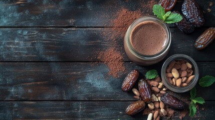 Chocolate date milkshake with cocoa and mint in mason jar on dark wood nutritious superfood healthy drink with natural ingredients