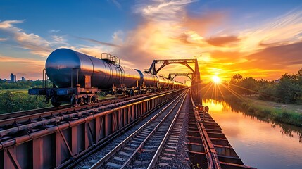 Tanker train crossing bridge at sunset golden hour