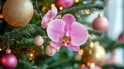 Pink orchid flower with unopened buds on a decorated Christmas tree adorned with pink and gold ornaments close-up shot of ornamental beauty