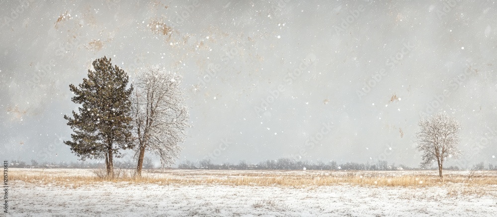 Poster serene winter landscape with soft snowfall under a bright sun showcasing trees and open space ideal 