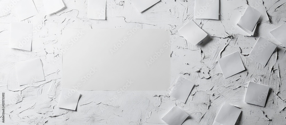 Aufkleber blank whiteboard surrounded by scraps of paper and notes on a textured gray background ideal for bus