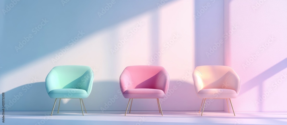 Poster 90s inspired lounge area showcasing pastel chairs with ample empty space for text and a soft light a