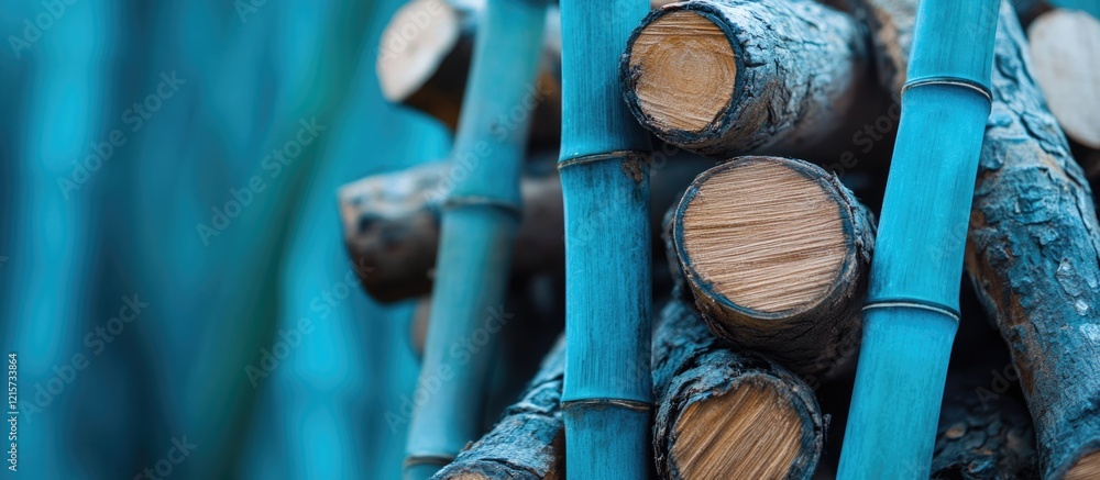 Poster blue bamboo and shinglestick trees firewood stack with selective focus and empty space for text on a