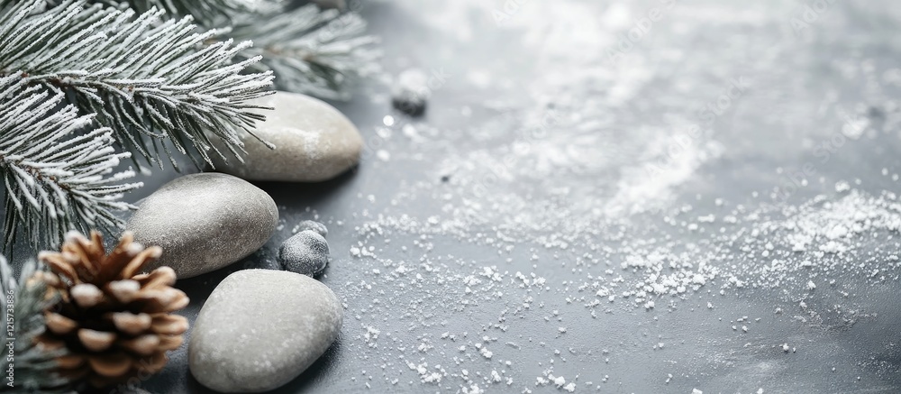 Poster winter gray rock and pinecone arrangement with empty space for text on a frosty surface