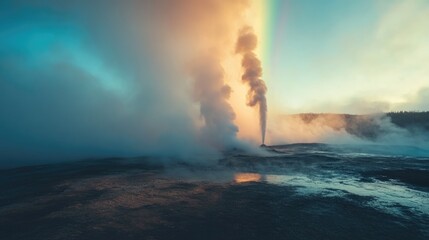 Erupting geysers in the evening highlands under a rainbow creating a dreamlike landscape photography with space for text and graphics