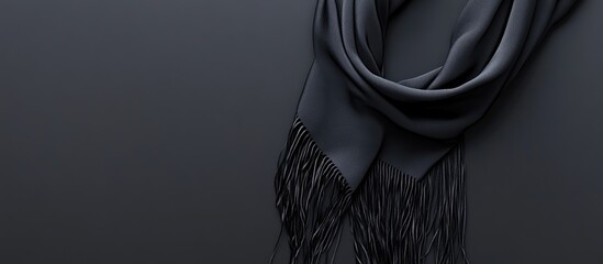 Elegant black silk scarf elegantly tied at the neck showcasing fringes with ample copyspace for personalized text or branding purposes.
