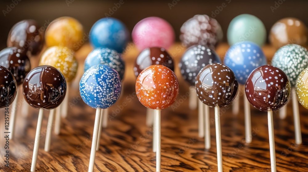 Poster handcrafted colorful lollipops arranged on an elegant wooden surface with ample space for text showc