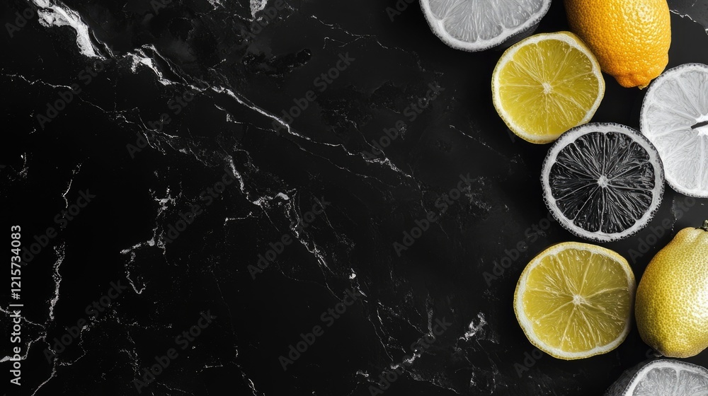 Poster assorted sliced citrus fruits arranged on a black marble surface with ample negative space for text 