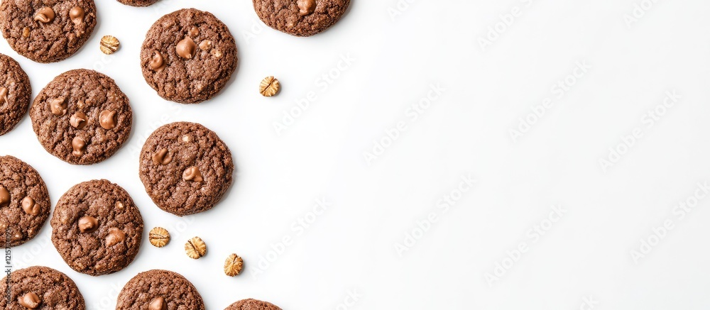 Poster whole grain chocolate cookies on white surface with generous blank space for text displaying polishe