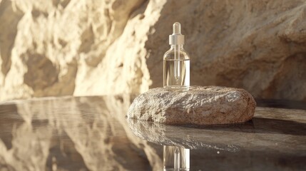 Natural product bottle with glass pipette on stone podium reflecting serene backdrop for skincare and wellness advertising concept