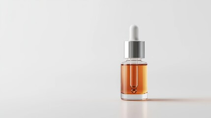 Fototapeta premium Cosmetic serum in glass dropper bottle with amber liquid and silver cap isolated on white background with empty copyspace for branding or advertising