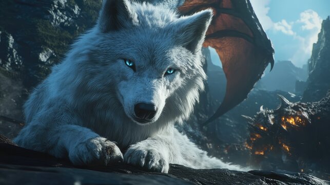 White wolf with striking blue eyes in a fantasy gaming landscape with a dramatic dragon battle against a vibrant sky and rugged terrain.