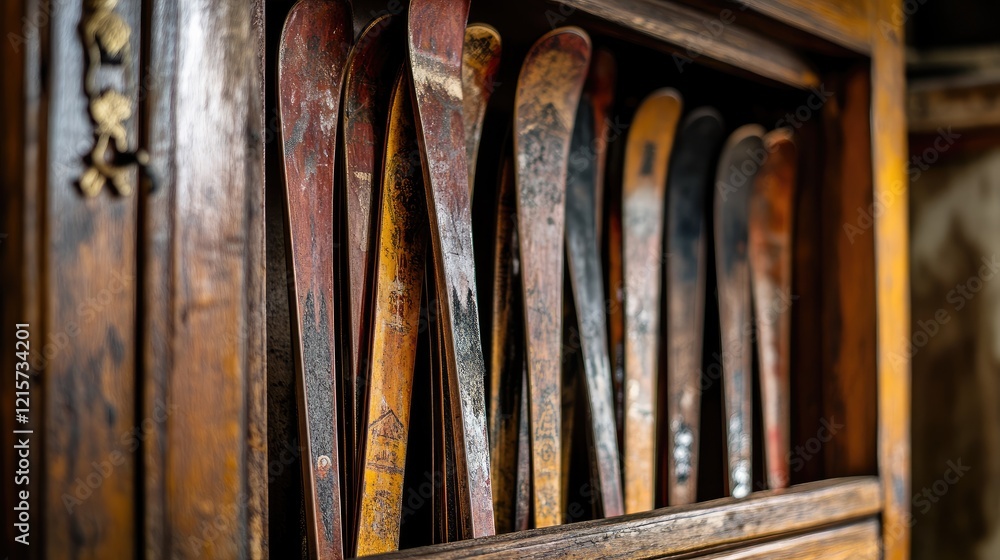 Aufkleber aged skis displayed in rustic cabinet capturing cozy african style decor with selective focus and em
