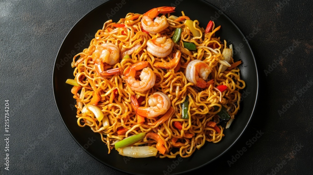 Poster homemade chow mein with shrimps and vegetables on black plate top view asian cuisine background with