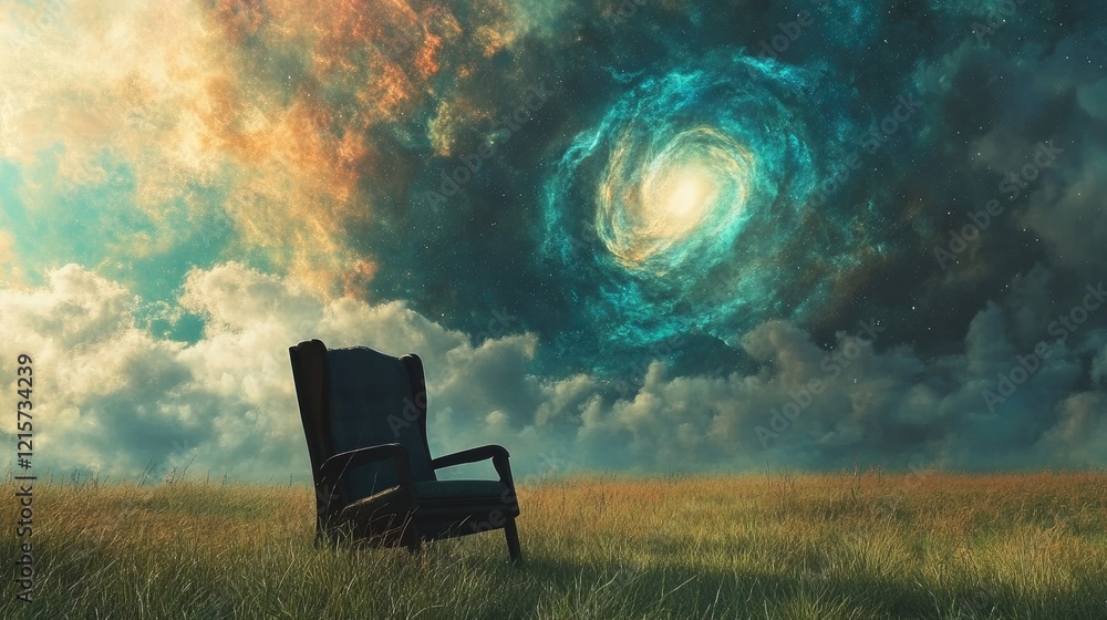 Poster cosmic swirls and magnetic waves above an empty field with vintage chair surrounded by nebula and as