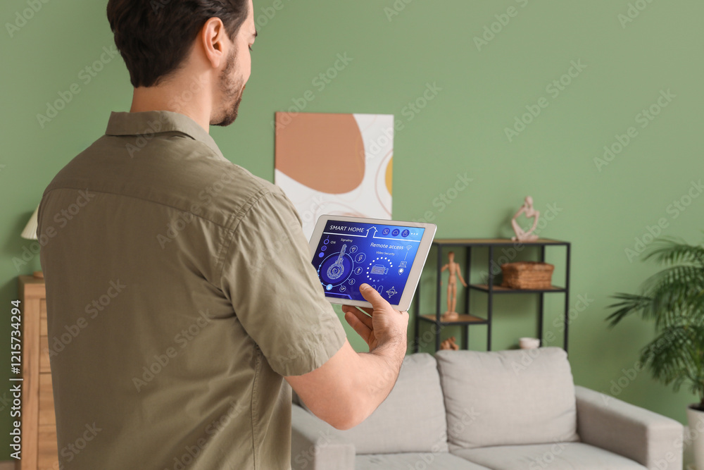 Poster young man using smart home security system control panel in room, back view