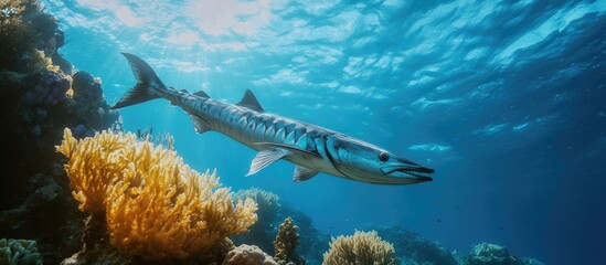 Heavy Metal Barracuda Swimming in Vibrant Coral Reef with Clear Blue Water and Space for Text Overlay