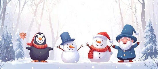 Cheerful cartoon penguin and snowman duo in snowy woodland setting with empty copy space for text for festive Christmas celebration