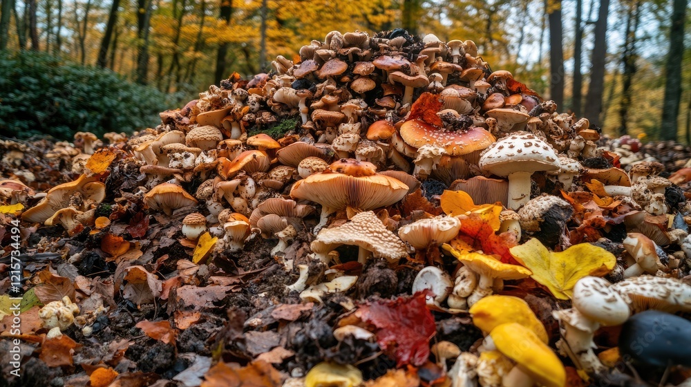 Poster diverse assortment of forest mushrooms in autumn with vibrant leaves and empty space for text ideal 