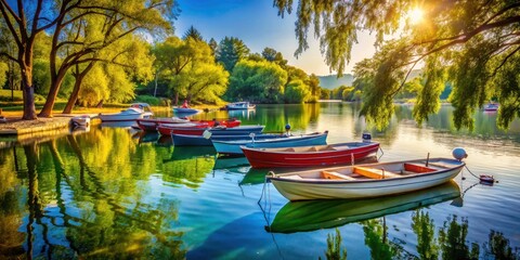 Obraz premium Lakeside Harbor Boats, Candid Tree Shade Photography: Peaceful Summer Scene