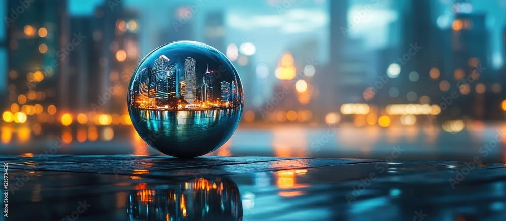 Poster globe reflecting urban skyline showcasing financial growth with advanced technology integration and 