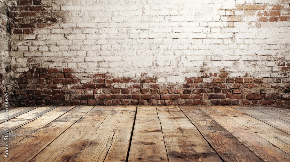 Poster rustic wooden table in vintage brick room with floor setting ideal for product display featuring emp