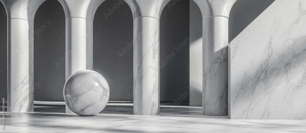 Poster elegant monochrome marble abstract scene featuring spherical forms and arch pillars with ample negat