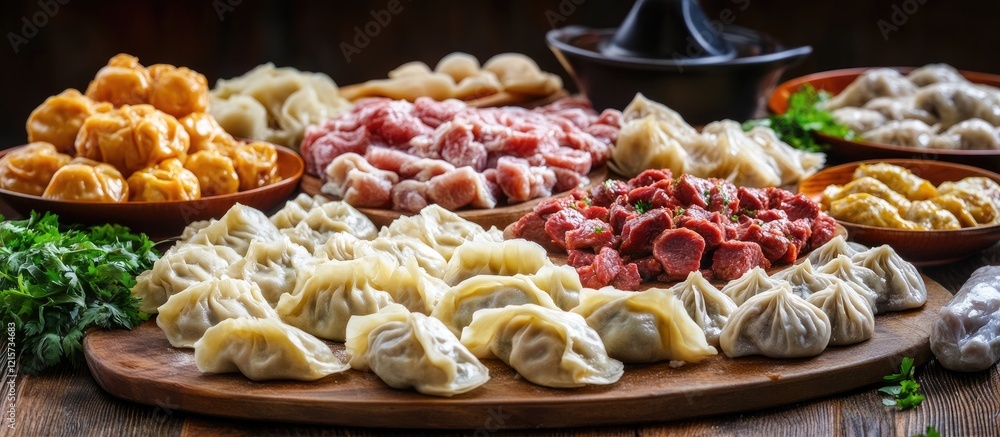 Poster richly arranged banquet of dumplings and assorted meats on a rustic table with ample empty space for