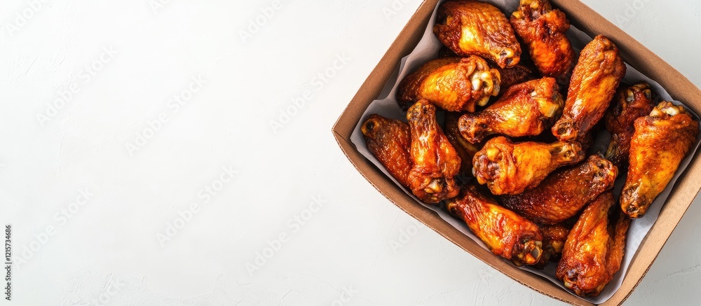 Poster carton box filled with golden brown chicken wings on a white table with empty space for text and sub