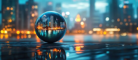 Globe reflecting urban skyline showcasing financial growth with advanced technology integration and ample space for text overlay