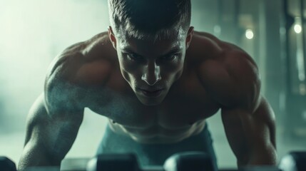 Shoulder Strengthening Workout Close Up of Muscular Bodybuilder in Push Up Position Using Dumbbells in Modern Gym Environment